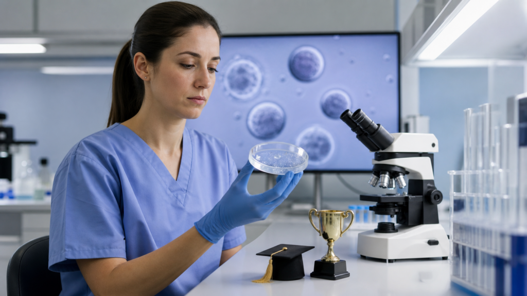 A fertility lab technician holds a petri dish beside a microscope while a tiny graduation cap and trophy sit on the counter.