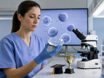 A fertility lab technician holds a petri dish beside a microscope while a tiny graduation cap and trophy sit on the counter.