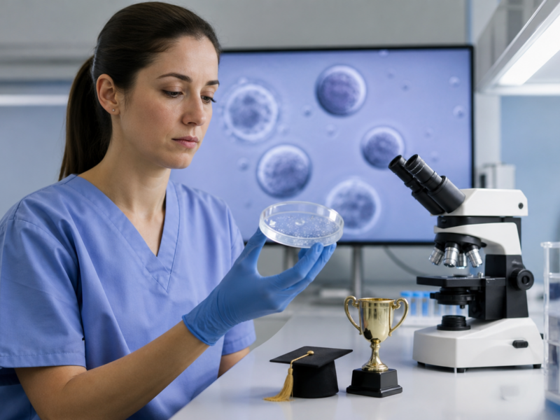 A fertility lab technician holds a petri dish beside a microscope while a tiny graduation cap and trophy sit on the counter.