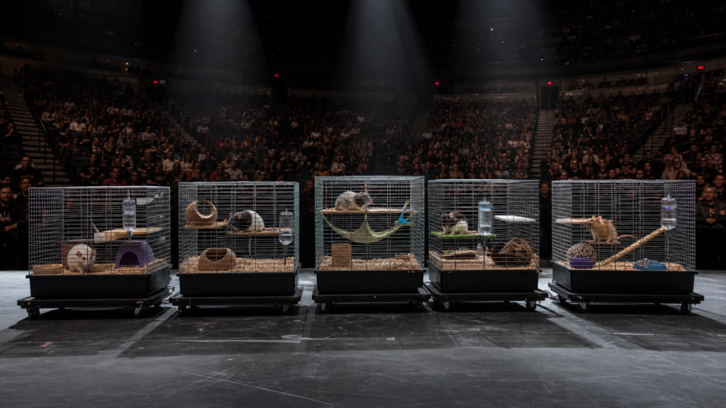 Five ordinary pet rat cages sit on a bare arena stage while normal rats rest inside under concert spotlights.