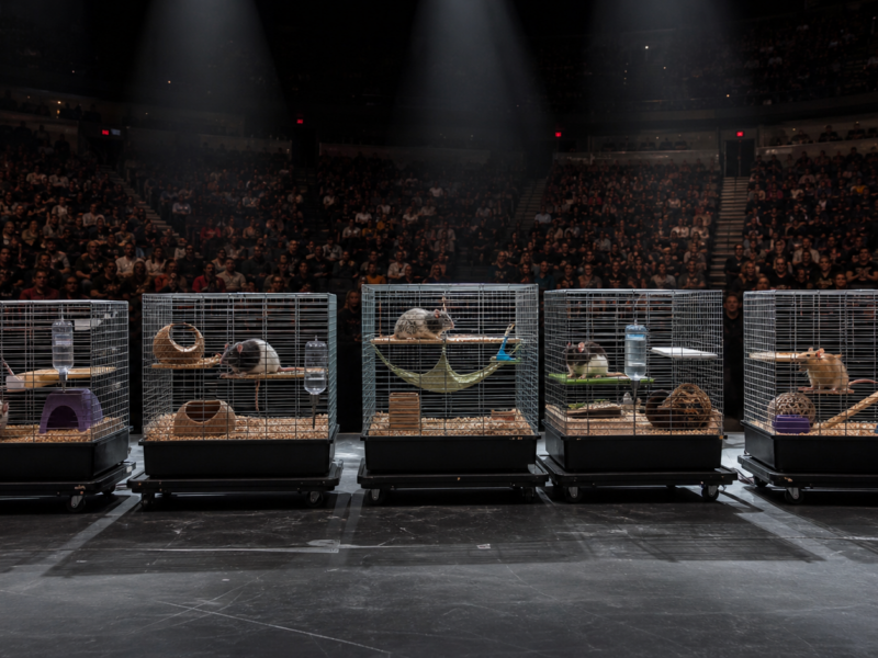 Five ordinary pet rat cages sit on a bare arena stage while normal rats rest inside under concert spotlights.
