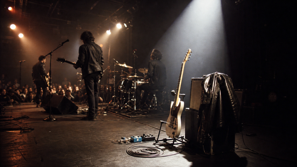 An empty guitar position with a guitar, pedals, and black leather jacket sits under a spotlight on an indie rock stage while a band plays in the background.