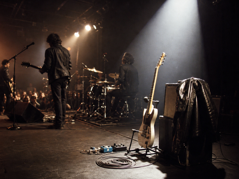 An empty guitar position with a guitar, pedals, and black leather jacket sits under a spotlight on an indie rock stage while a band plays in the background.