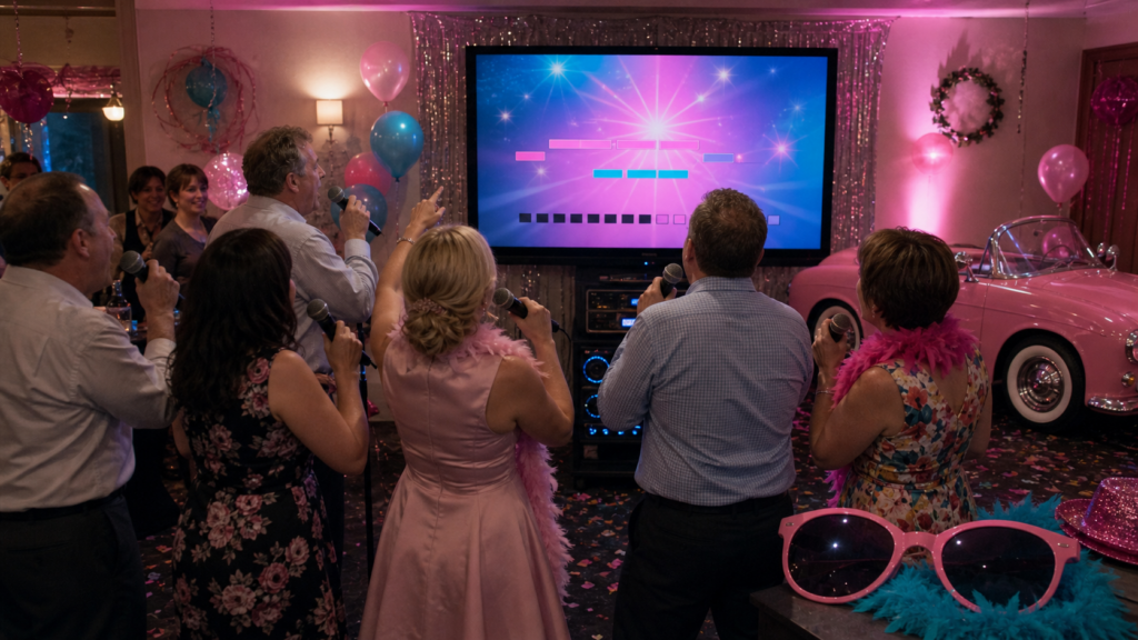 Wedding guests with microphones sing in front of a karaoke TV screen during a pink and aqua 90s-themed party.