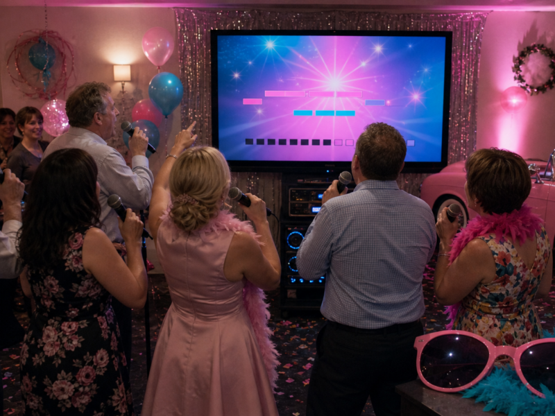 Wedding guests with microphones sing in front of a karaoke TV screen during a pink and aqua 90s-themed party.