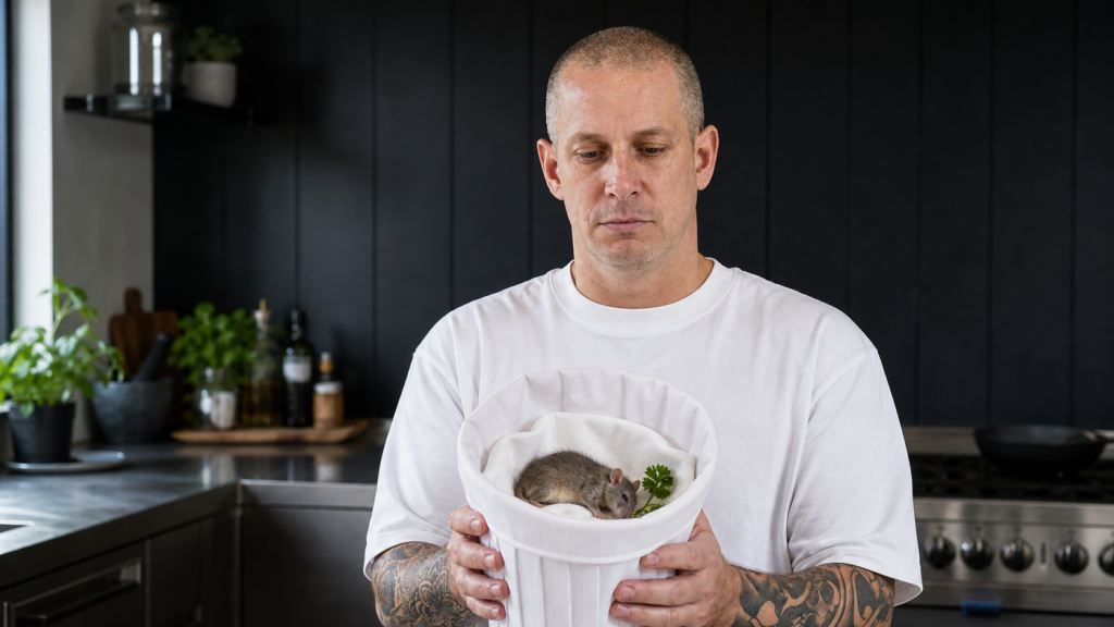 Andy Cooks holding a white chef hat containing a tiny rat on a folded napkin in a kitchen