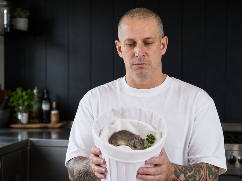 Andy Cooks holding a white chef hat containing a tiny rat on a folded napkin in a kitchen