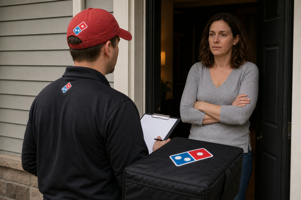 A Domino's delivery worker with branded cap, shirt, and pizza bag stands seriously at a suburban doorway while an adult customer waits beside a receipt clipboard.
