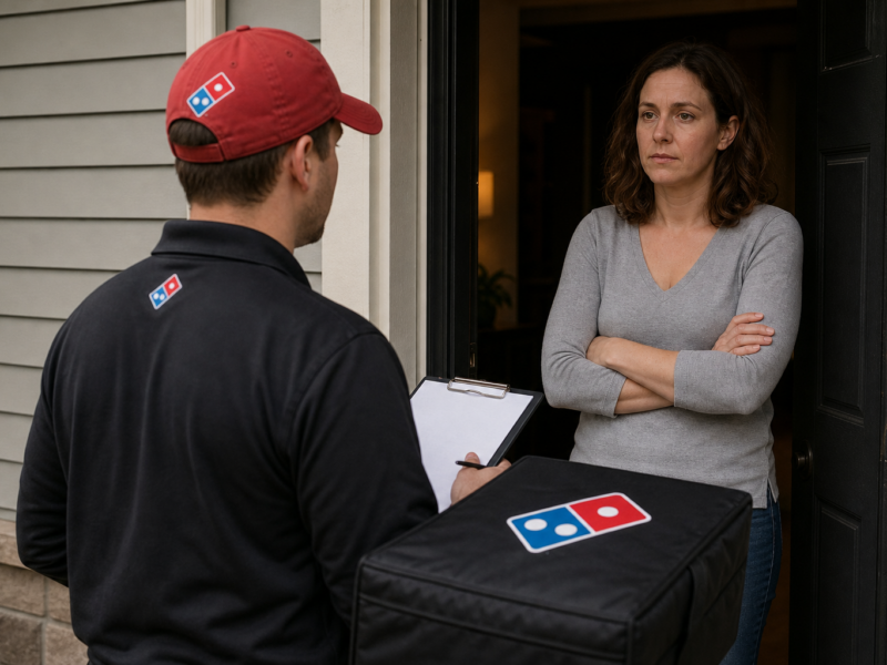 A Domino's delivery worker with branded cap, shirt, and pizza bag stands seriously at a suburban doorway while an adult customer waits beside a receipt clipboard.