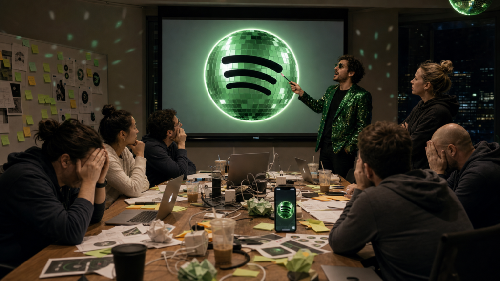 A tech-company crisis meeting studies a giant green disco-ball music app icon while one person in a sparkly blazer defends it.