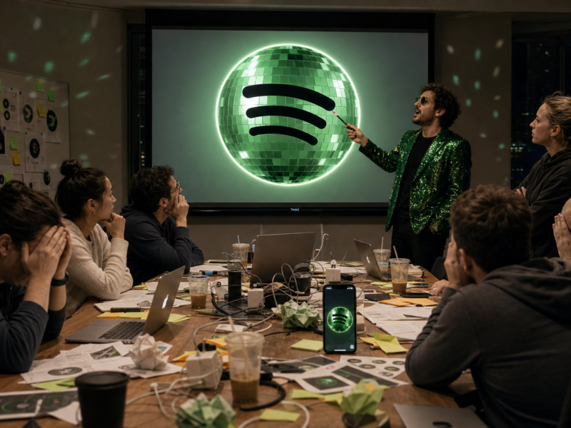 A tech-company crisis meeting studies a giant green disco-ball music app icon while one person in a sparkly blazer defends it.