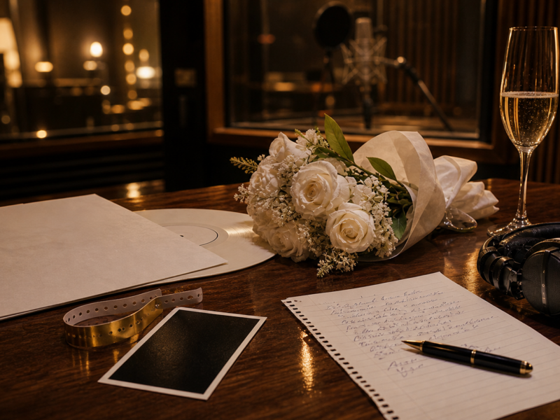 A warm recording studio table with a blank vinyl sleeve, white roses, headphones, a champagne flute and a face-down awards party photo