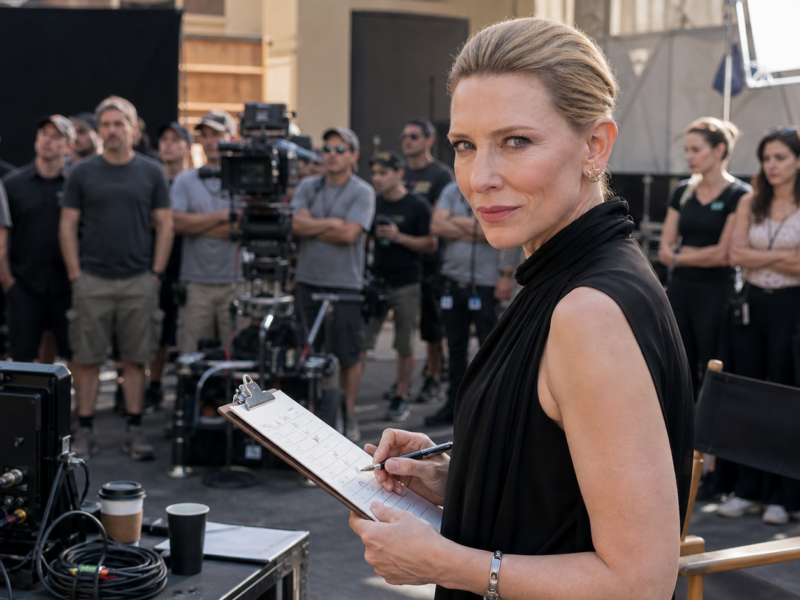 Cate Blanchett holding a clipboard on a Hollywood film set while crew members stand behind her