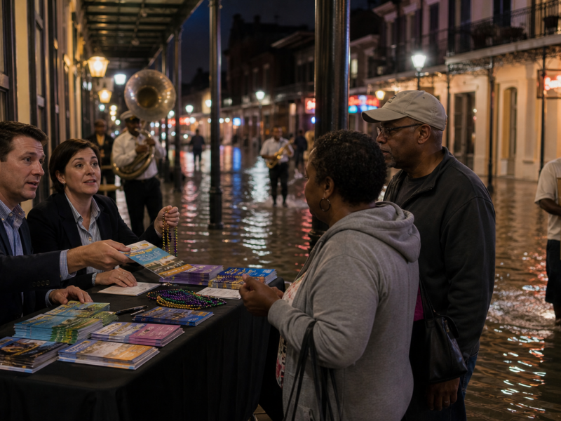 Officials hand out relocation brochures and beads on a flooded French Quarter street in New Orleans