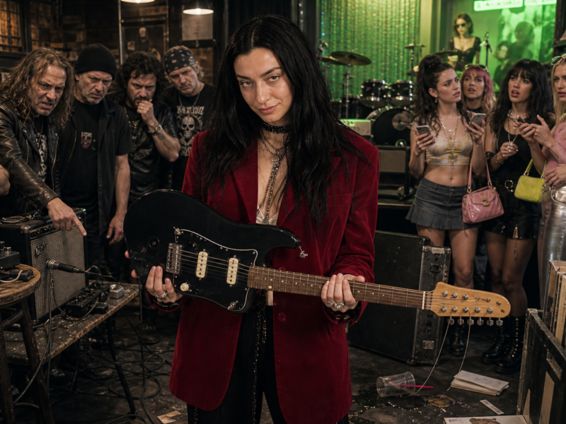 Charli XCX holding an electric guitar in a cramped rock club while rock purists and pop fans react behind her
