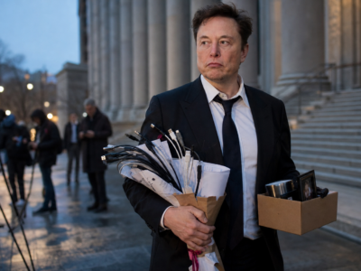 Elon Musk standing outside a courthouse holding a bouquet of charging cables and legal papers after losing the OpenAI lawsuit.