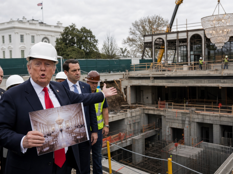 Donald Trump wearing a white hard hat and gesturing at a deep White House construction excavation with a ballroom frame and chandelier behind him.