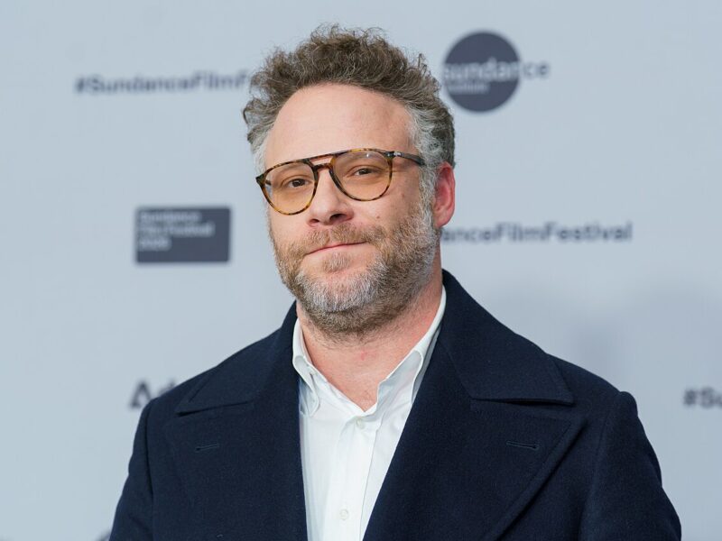 Seth Rogen attending a Sundance Film Festival premiere in a light jacket.