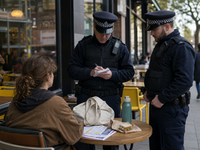 British police officers outside a café near a small table with a sandwich, leaflets, and a reusable bottle.