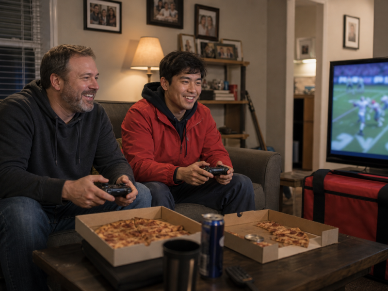 A food delivery worker and a single dad playing video games on a couch beside open pizza boxes.
