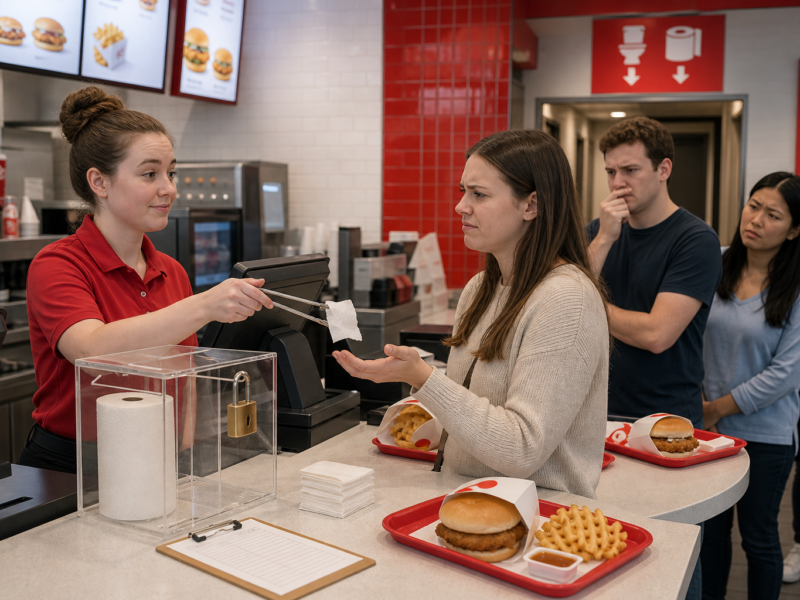 A fast-food employee at a counter handing a customer one tiny square of paper towel beside a tray of chicken sandwiches.