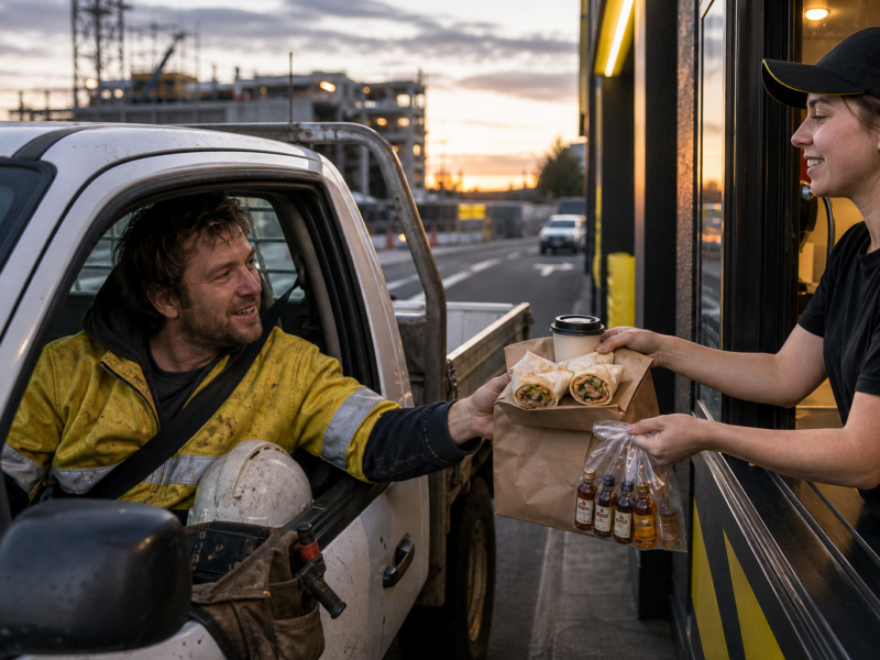 A dawn fast-food drive-thru scene with a hi-vis tradie in a ute receiving a takeaway bag and sealed miniature bottles beside breakfast burritos.