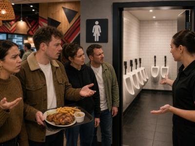 A restaurant bathroom entrance with confused customers looking toward a row of clean modern urinals where stalls would normally be.