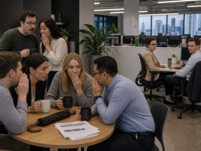 Office employees whispering in a break room while two coworkers sit apart at separate desks.