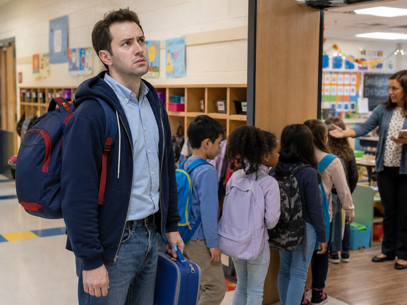 A nervous adult with a backpack stands in an elementary school hallway while children line up calmly nearby.