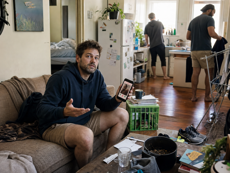 A man in his 30s sits on a couch in a messy sharehouse living room while looking defensively at a dating app on his phone.