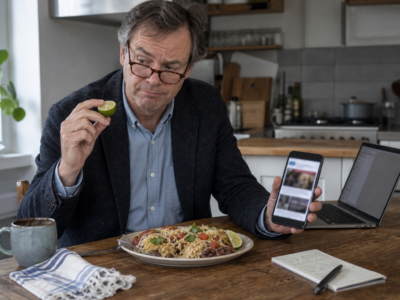 A confused opinion columnist at a kitchen table looks from disease news on a phone to a plate of food with lime wedges.