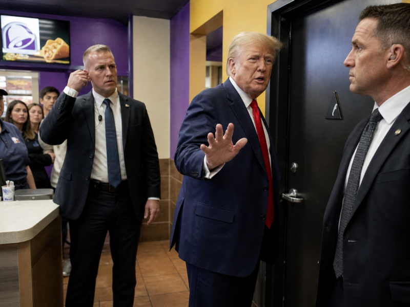 Donald Trump stands with security agents outside a closed Taco Bell restroom door during a tense fast-food restaurant incident.