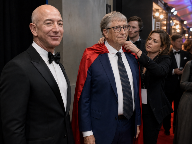 Jeff Bezos stands beside Bill Gates while a stylist adjusts a cheap red cape on Gates at a formal event.