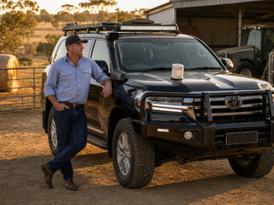 Australian farmer leaning against a polished black LandCruiser on a dry farm driveway with a small donation tin on the bonnet.