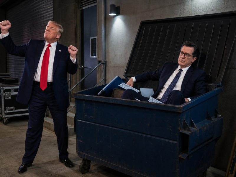 Donald Trump celebrating beside an open dumpster with Stephen Colbert sitting inside it outside a late-night studio loading dock.