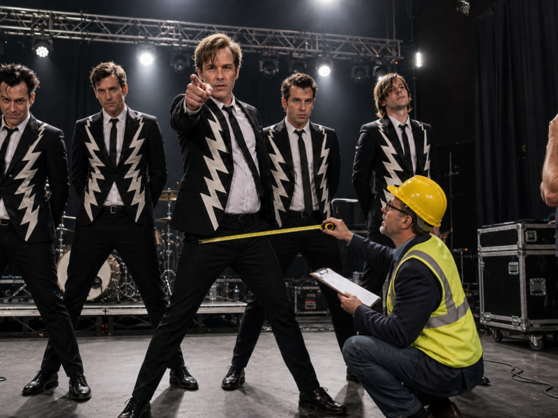 The Hives-style rock band in black-and-white suits being inspected onstage by a hard-hat structural inspector with a measuring tape.
