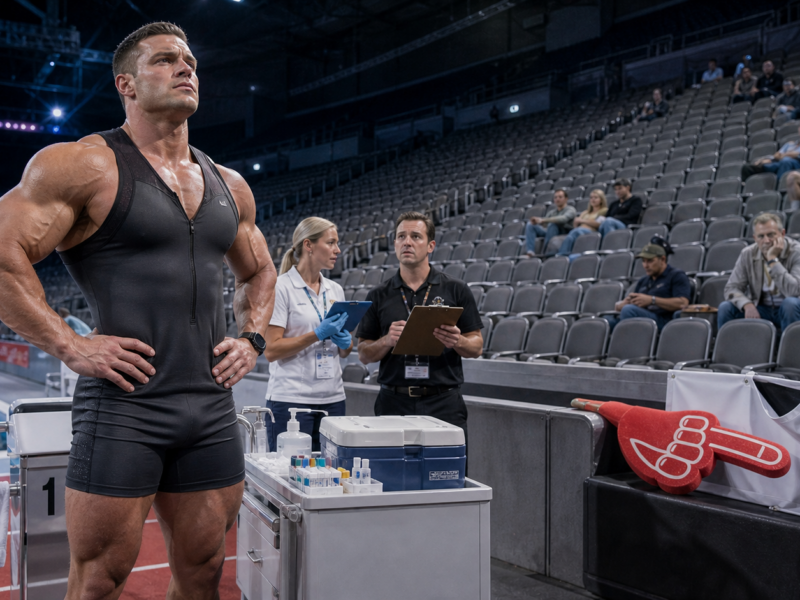 Enhanced athlete standing in a mostly empty arena while event staff look toward empty seats and a limp foam cheering hand.