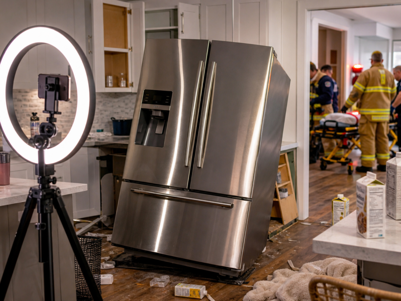 A stainless-steel refrigerator leaning forward in an influencer kitchen with a ring light, phone tripod, microphone, scattered groceries, and emergency responders in the background.