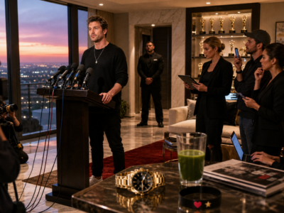 A wealthy celebrity standing at a press lectern in a luxury mansion media room while publicists, cameras, awards, security, a watch, and green juice surround him.