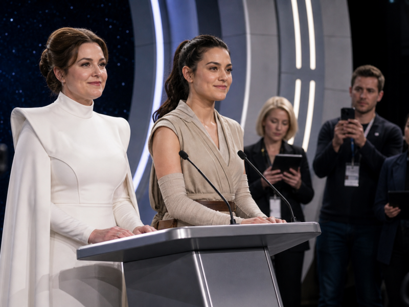 Two actresses in futuristic costumes stand at a studio press podium during a science fiction film casting announcement.