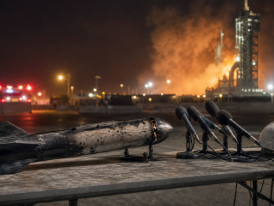 Charred model rocket and microphones near a smoky launch facility at night