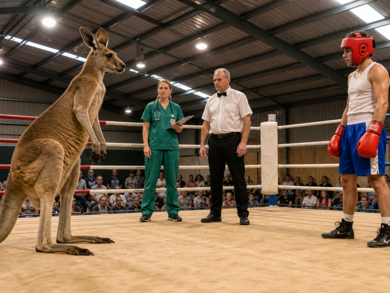 Kangaroo standing in a boxing ring opposite a gloved athlete with a referee and veterinarian nearby