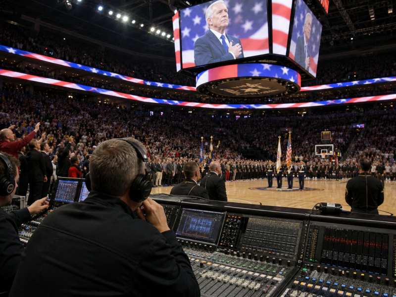 Basketball arena sound engineers watching a president-like figure on a jumbotron