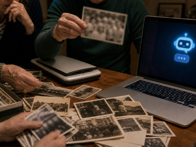 Old family photos and a laptop chatbot interface on a kitchen table