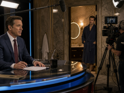News anchor at a studio desk beside a prestige drama bathroom set