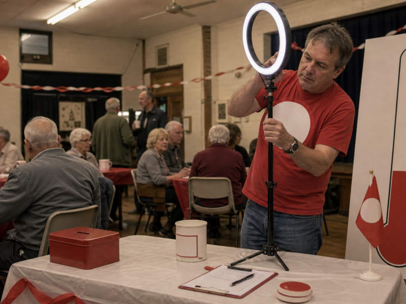 Community hall fundraiser with ring lights and a donation chart