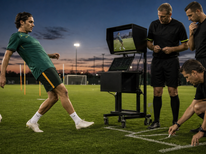 Soccer player moonwalking near VAR officials at a training ground