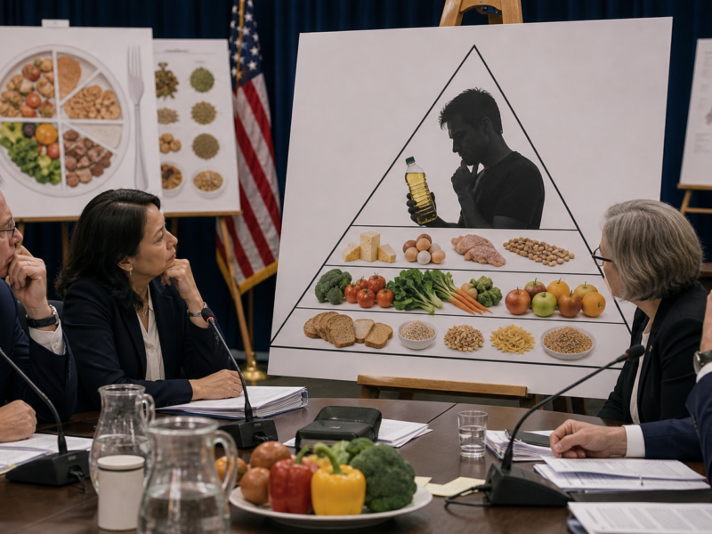 Health-policy officials reviewing a nutrition chart about seed oil doubt