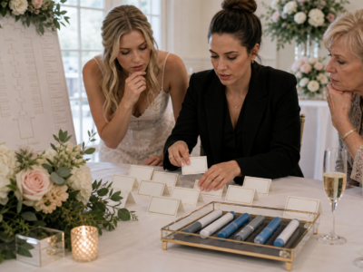 Wedding planner sorting place cards beside generic injection pens