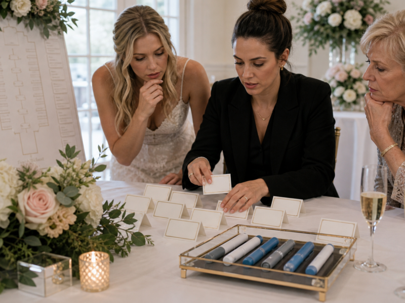 Wedding planner sorting place cards beside generic injection pens